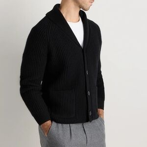 Quince Mongolian Cashmere Shawl Collar Cardigan Men's Black Ribbed Chunky XL Nwt